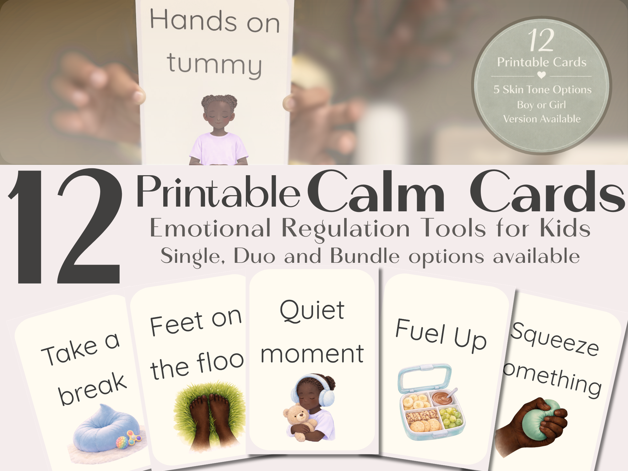 Calm Cards – Rich Brown Skin Tone | Printable Emotional Regulation Toolkit for Kids | Single & Duo Pack
