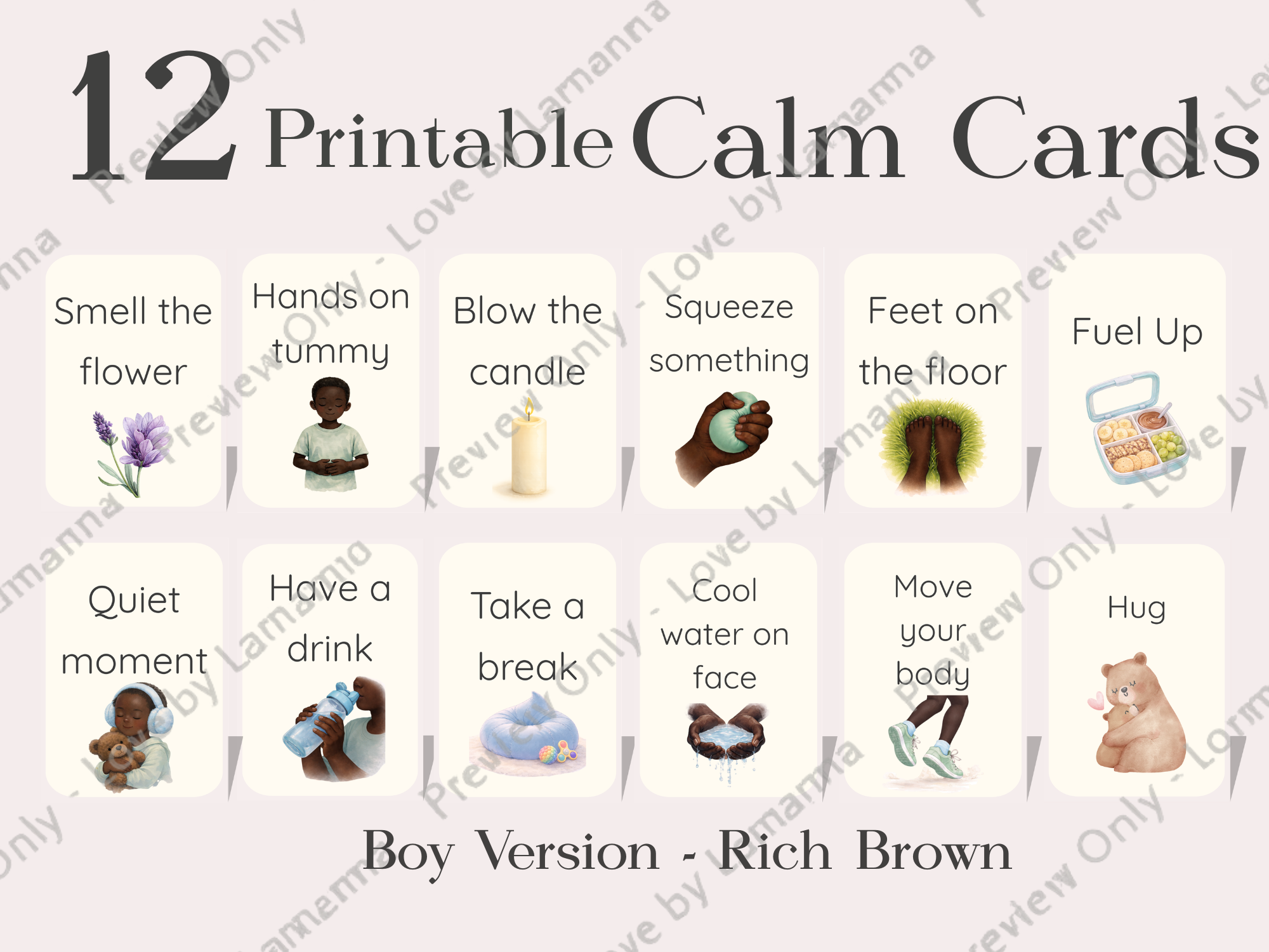 Calm Cards – Rich Brown Skin Tone | Printable Emotional Regulation Toolkit for Kids | Single & Duo Pack