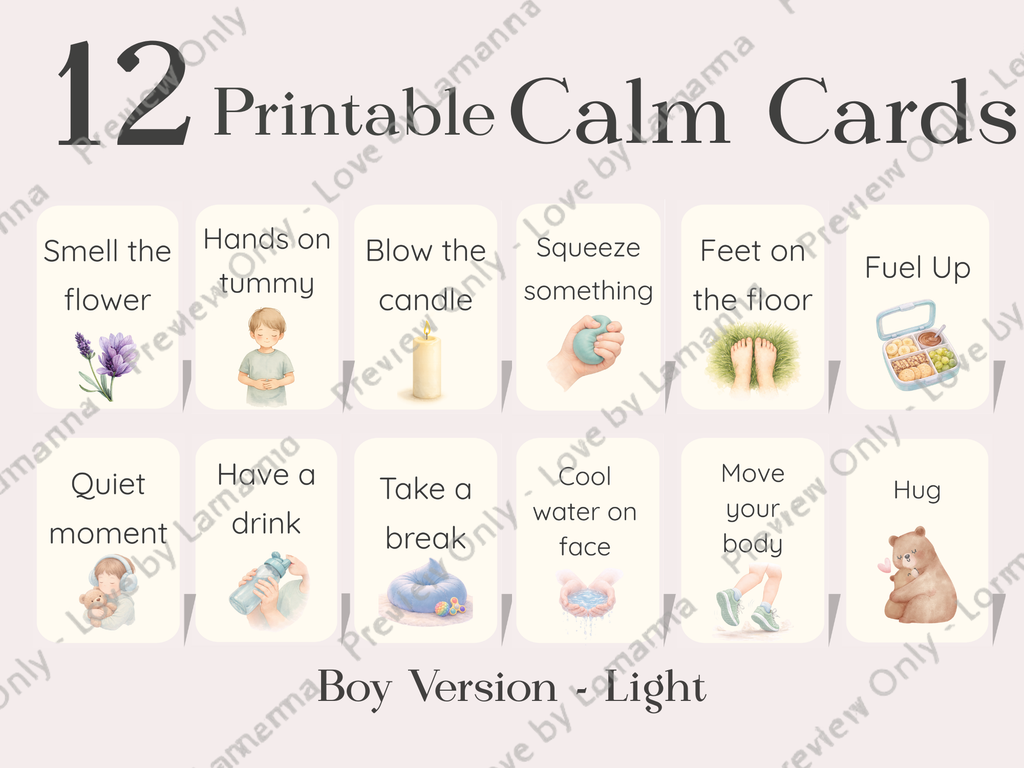 Calm Cards – Light Skin Tone | Printable Emotional Regulation Toolkit for Kids | Single & Duo Pack