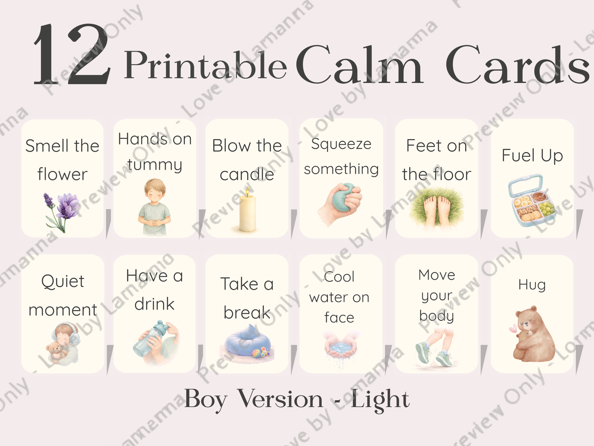 Calm Cards – Light Skin Tone | Printable Emotional Regulation Toolkit for Kids | Single & Duo Pack