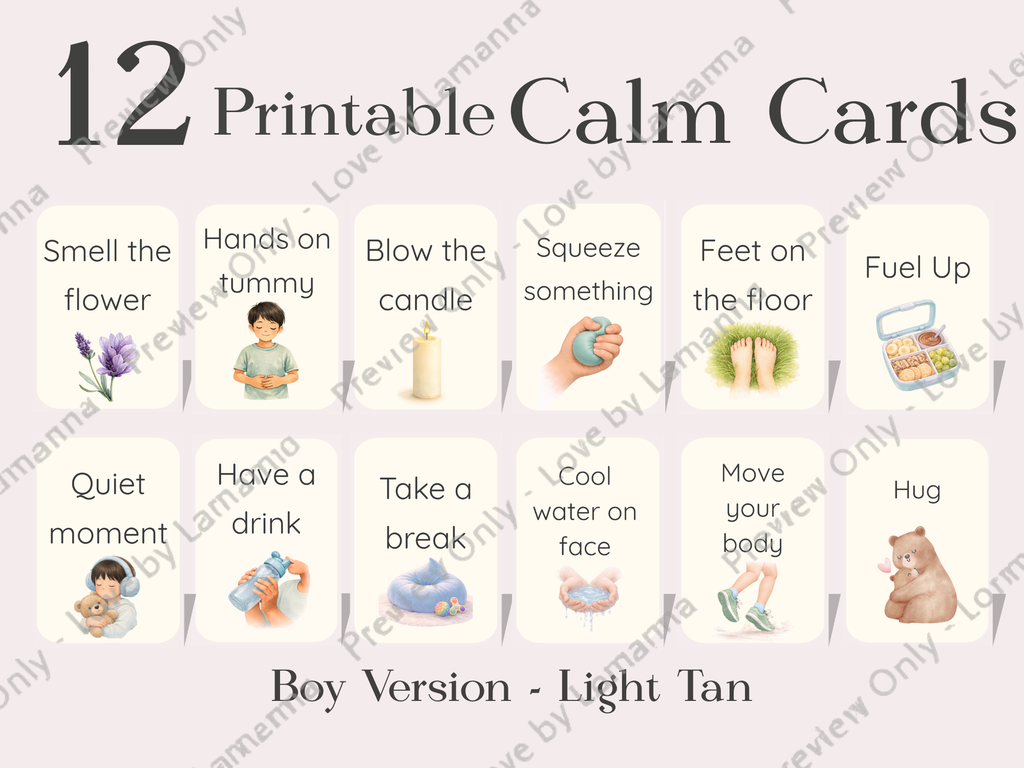 Calm Cards – Light Tan Skin Tone | Printable Emotional Regulation Toolkit for Kids | Single & Duo Pack