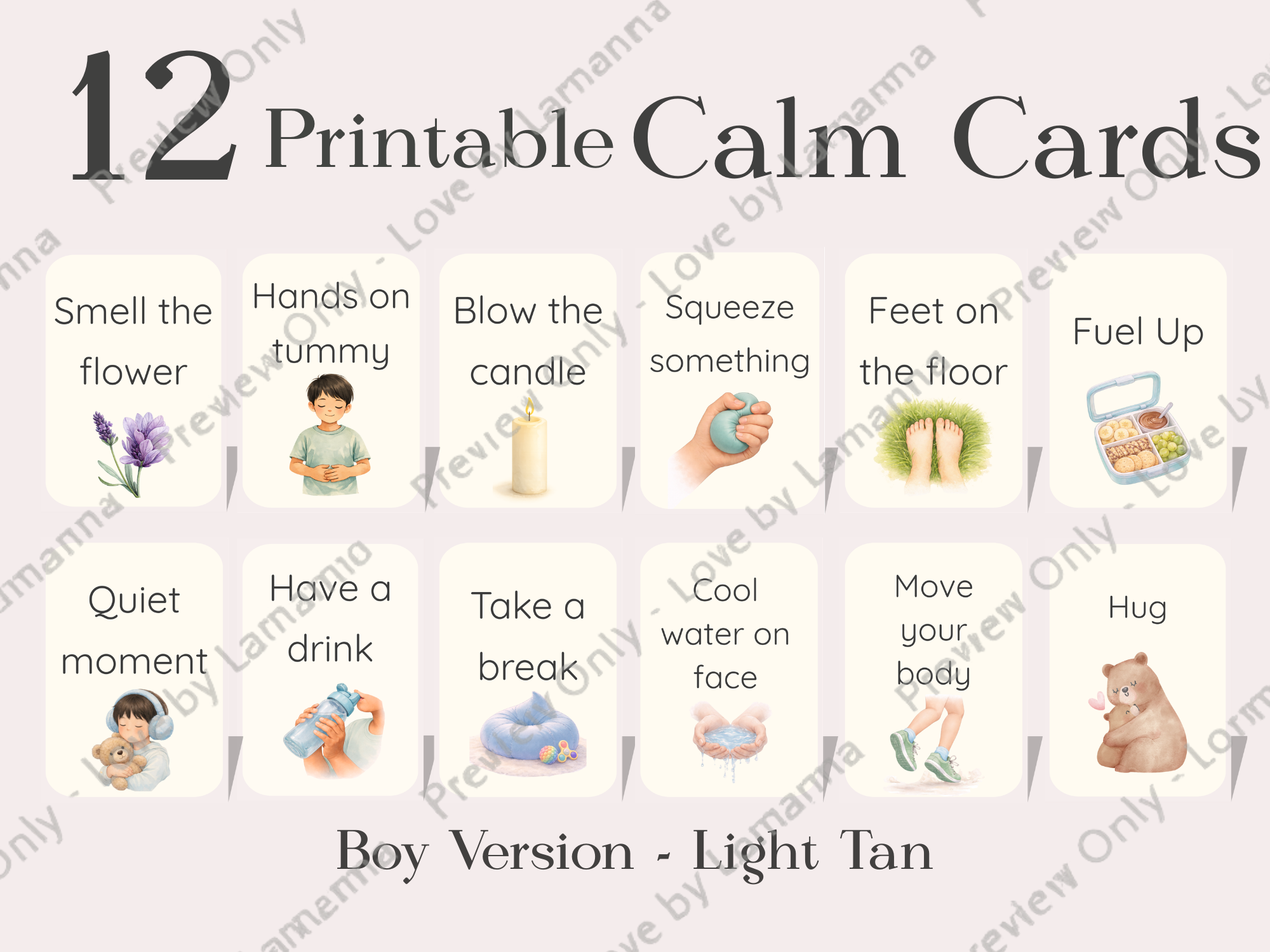 Calm Cards – Light Tan Skin Tone | Printable Emotional Regulation Toolkit for Kids | Single & Duo Pack