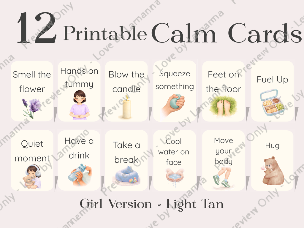Calm Cards – Light Tan Skin Tone | Printable Emotional Regulation Toolkit for Kids | Single & Duo Pack