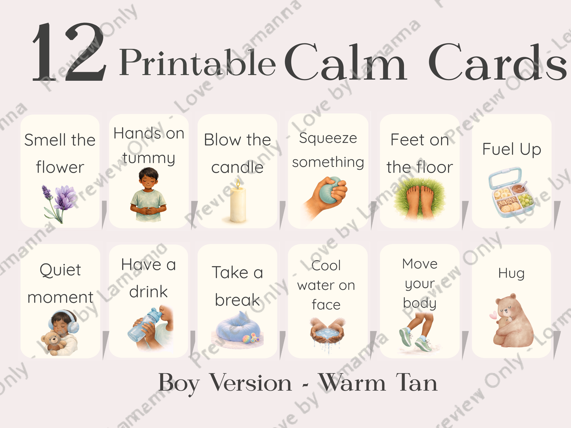 Calm Cards – Warm Tan Skin Tone | Printable Emotional Regulation Toolkit for Kids | Single & Duo Pack