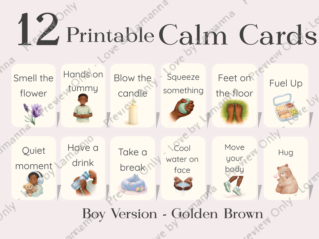 Calm Cards – Golden Brown Skin Tone | Printable Emotional Regulation Toolkit for Kids | Single & Duo Pack