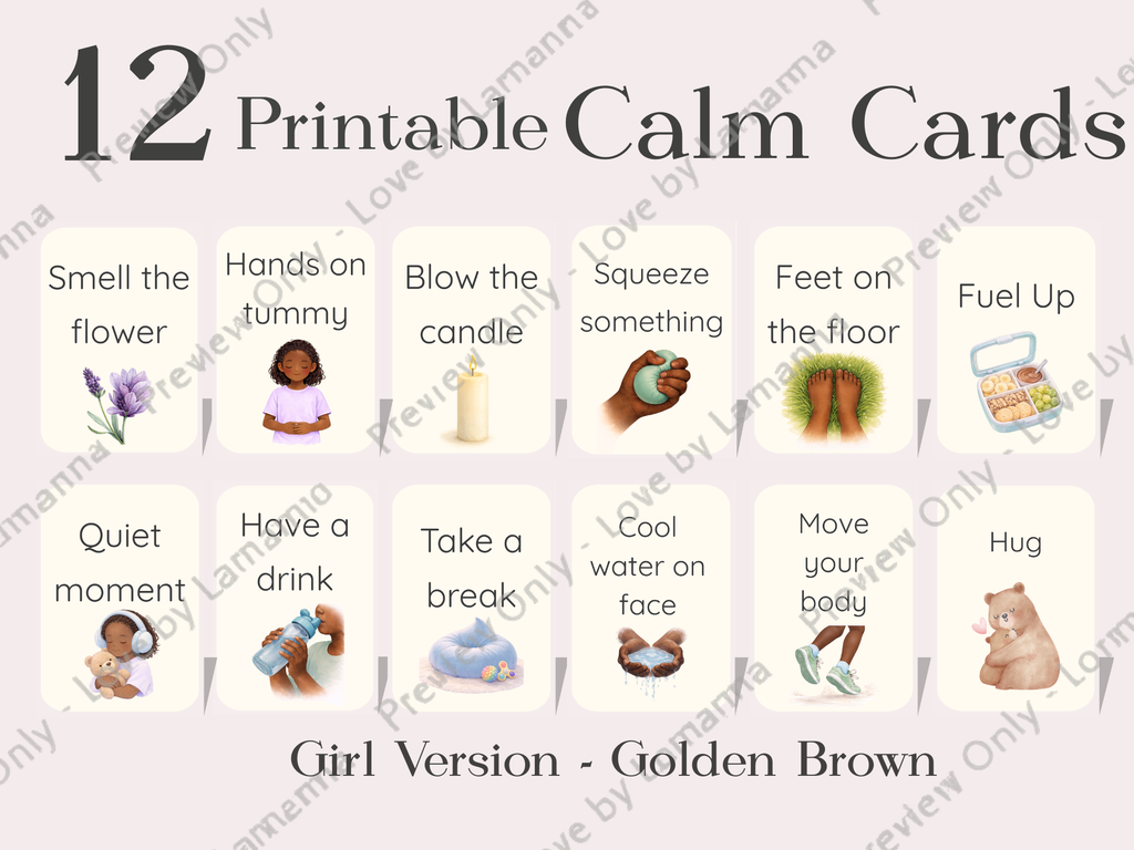 Calm Cards – Golden Brown Skin Tone | Printable Emotional Regulation Toolkit for Kids | Single & Duo Pack