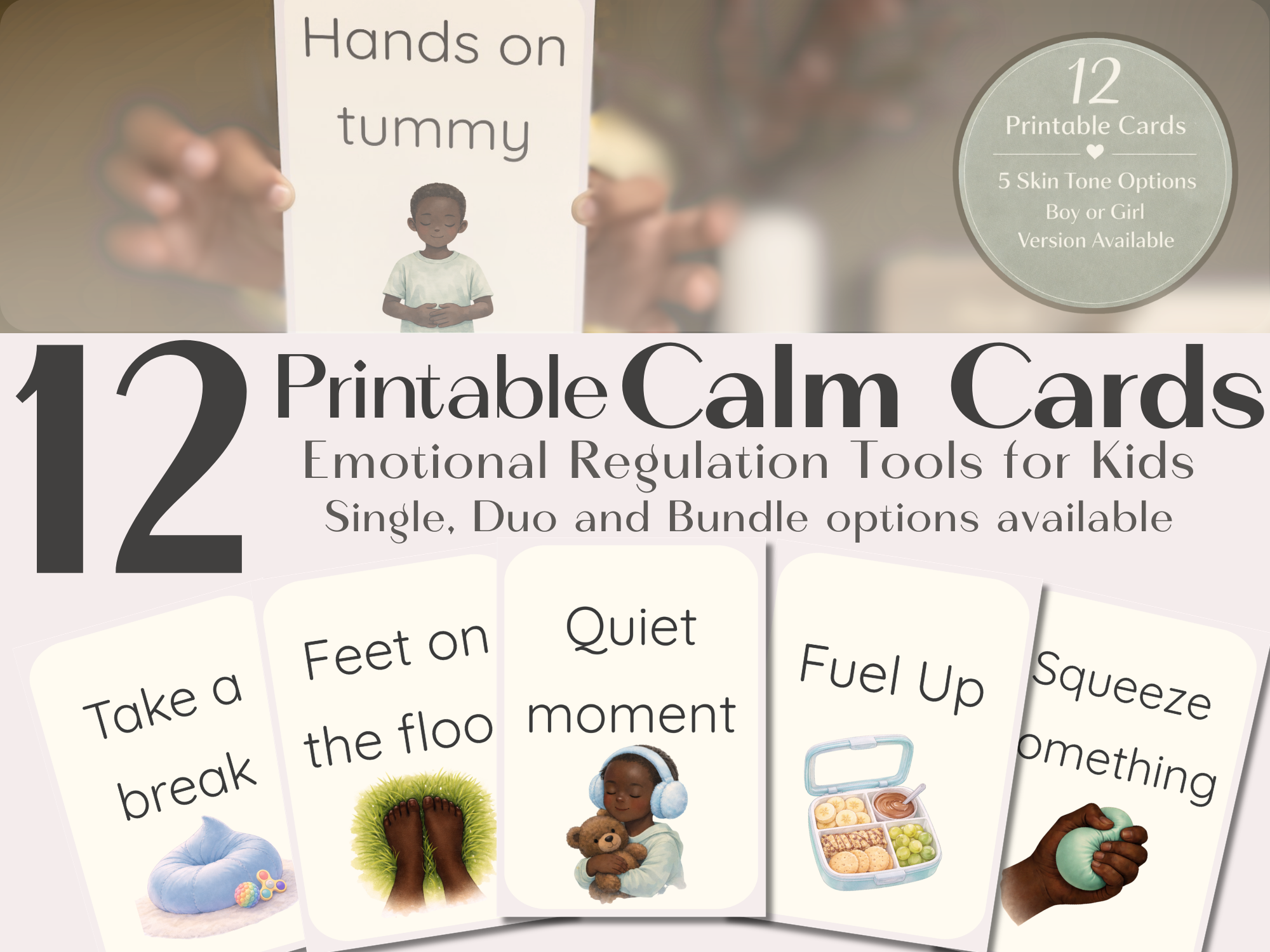Calm Cards – Rich Brown Skin Tone | Printable Emotional Regulation Toolkit for Kids | Single & Duo Pack