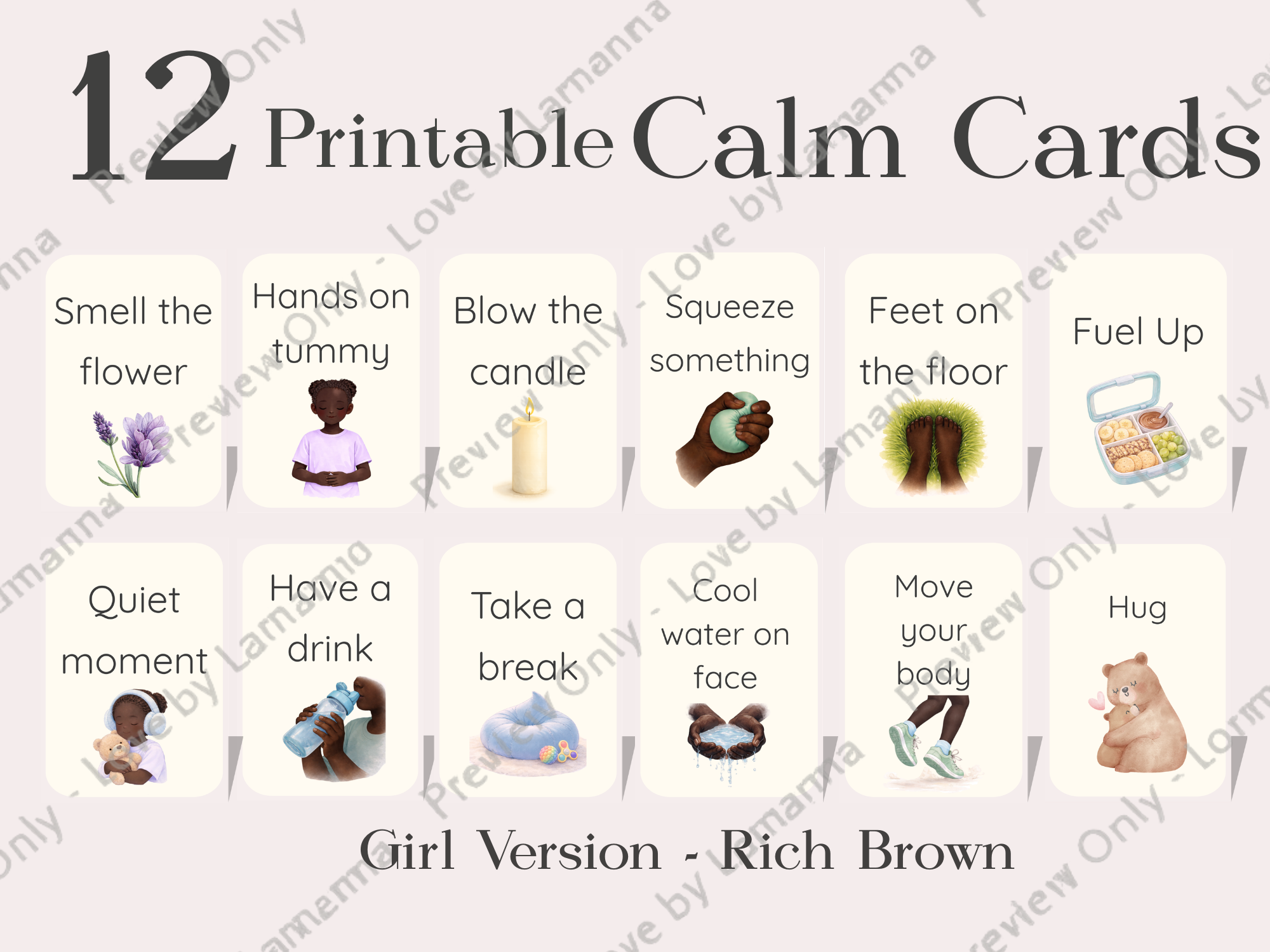 Calm Cards – Rich Brown Skin Tone | Printable Emotional Regulation Toolkit for Kids | Single & Duo Pack