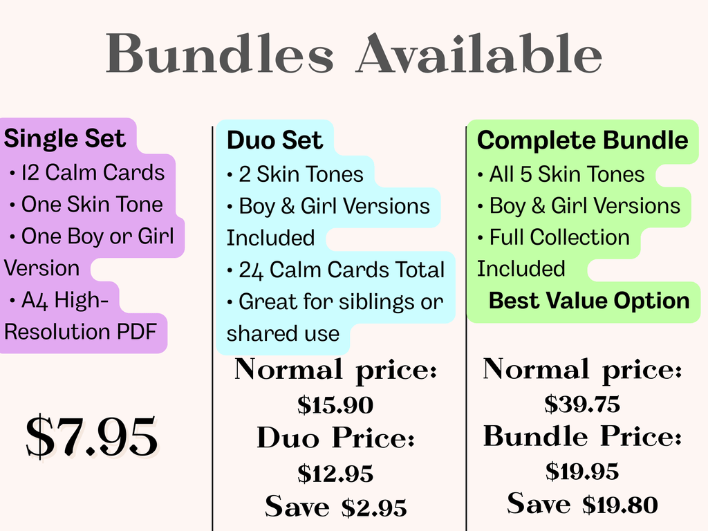 Calm Cards Complete Bundle – All 5 Skin Shades - Boy & Girl | Printable Emotional Regulation Tool for Kids - Love by Lamanna