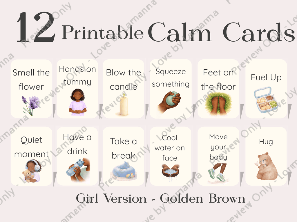 Calm Cards – Golden Brown Skin Tone | Printable Emotional Regulation Toolkit for Kids | Single & Duo Pack - Love by Lamanna