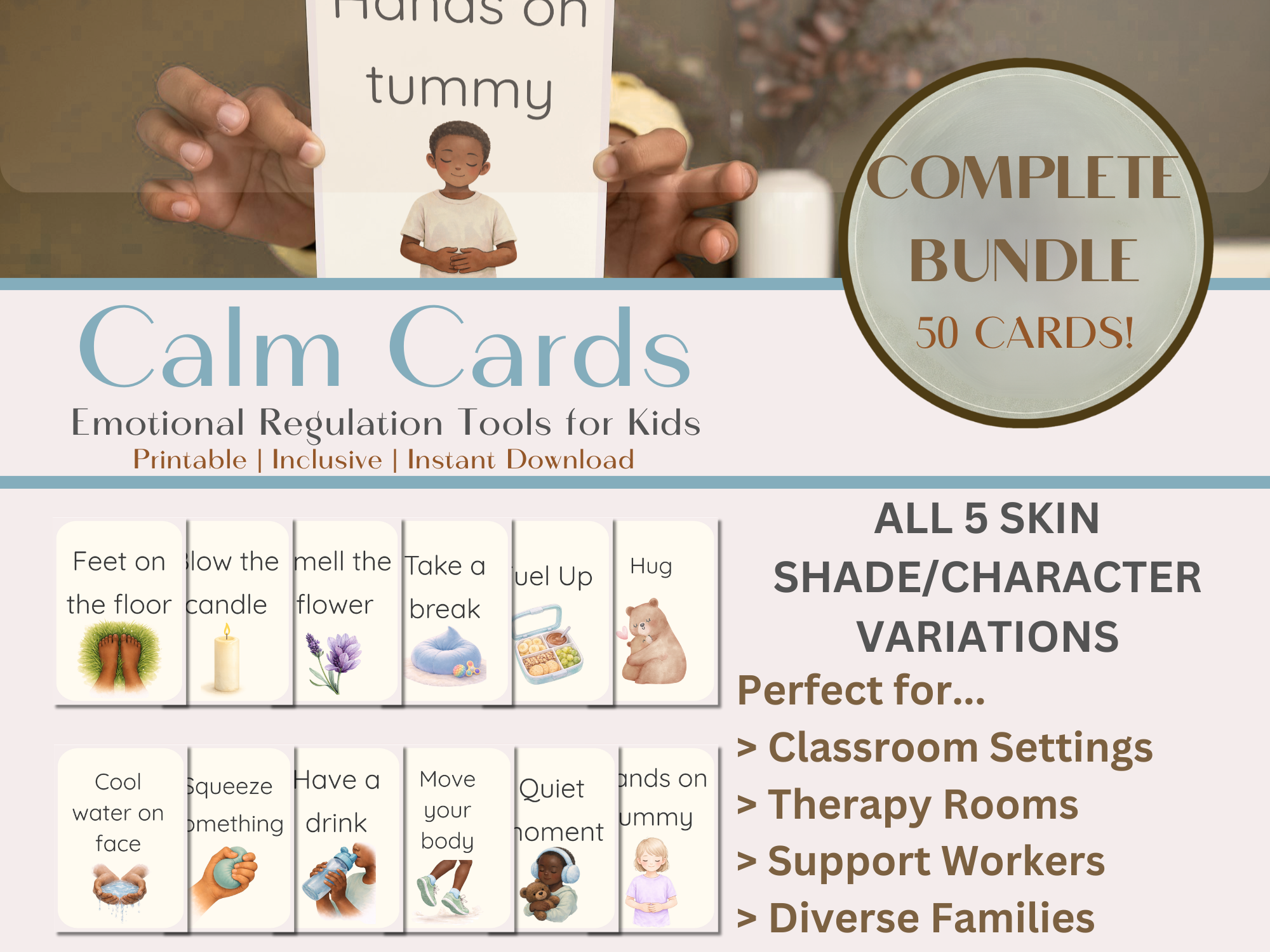 Calm Cards Complete Bundle – All 5 Skin Shades - Boy & Girl | Printable Emotional Regulation Tool for Kids